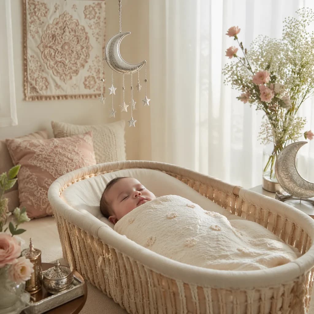 A serene pastel nursery with a swaddled baby and crescent moon decor inspired by the Persian name Nika Mahsa.