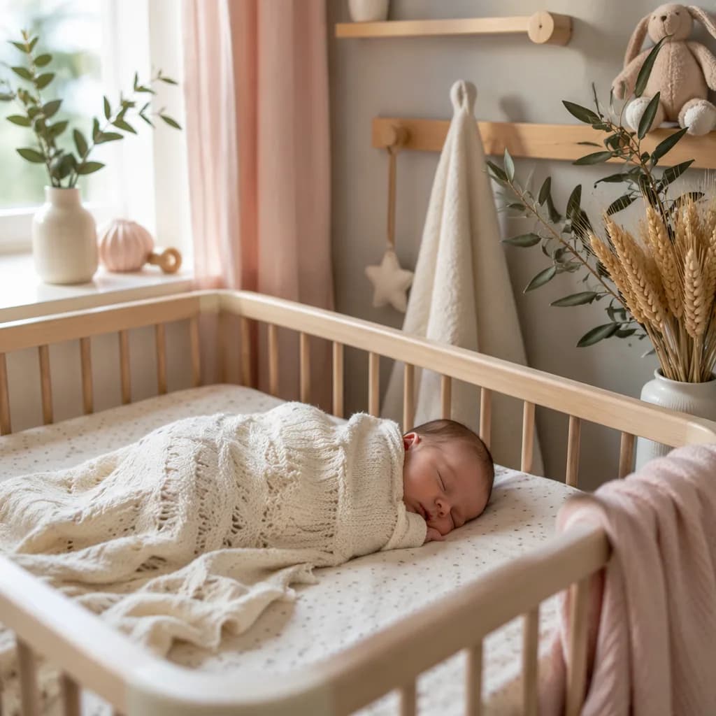 Sleeping baby in a soft pastel nursery with laurel and wheat accents.