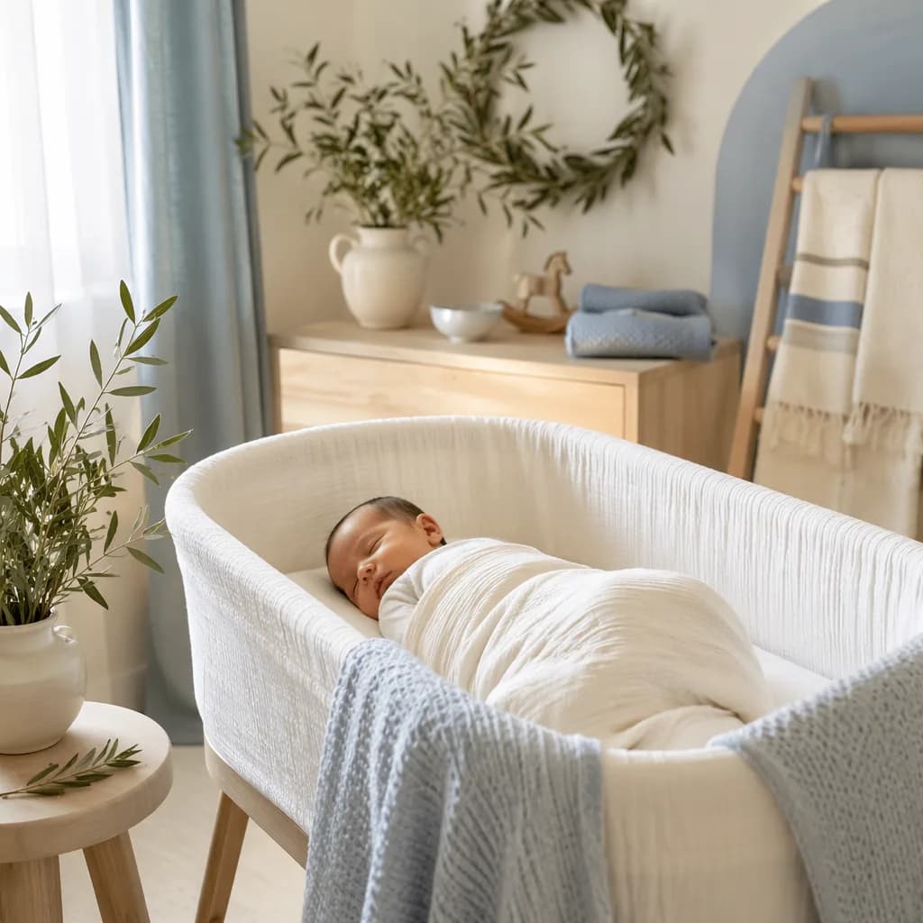 A peaceful Greek-inspired nursery with a sleeping swaddled baby, olive branches, and a laurel wreath.