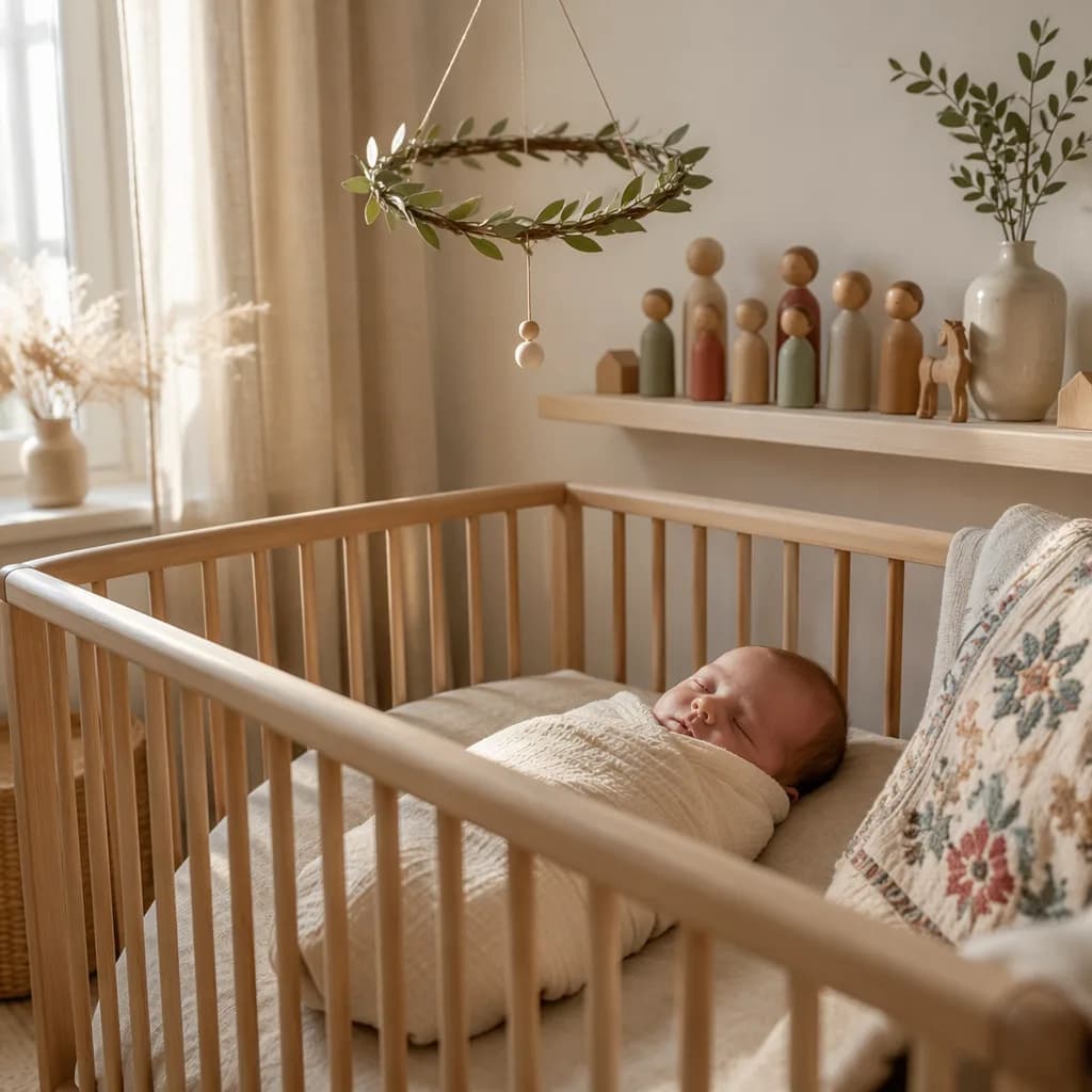 Soft pastel nursery with a sleeping swaddled baby and subtle laurel-themed decor.