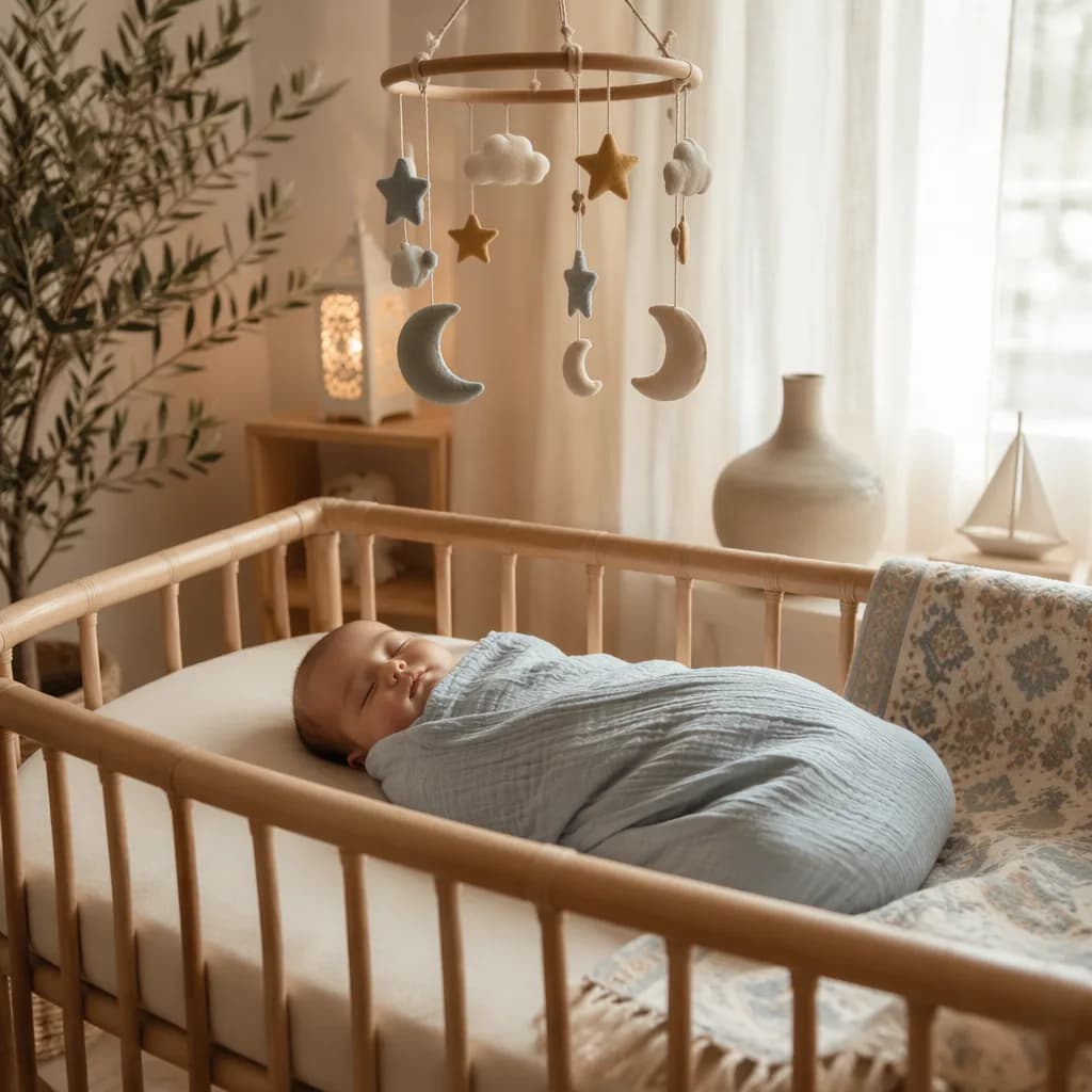 Soft pastel nursery with a sleeping baby in blue swaddle and whimsical moon and star mobile.