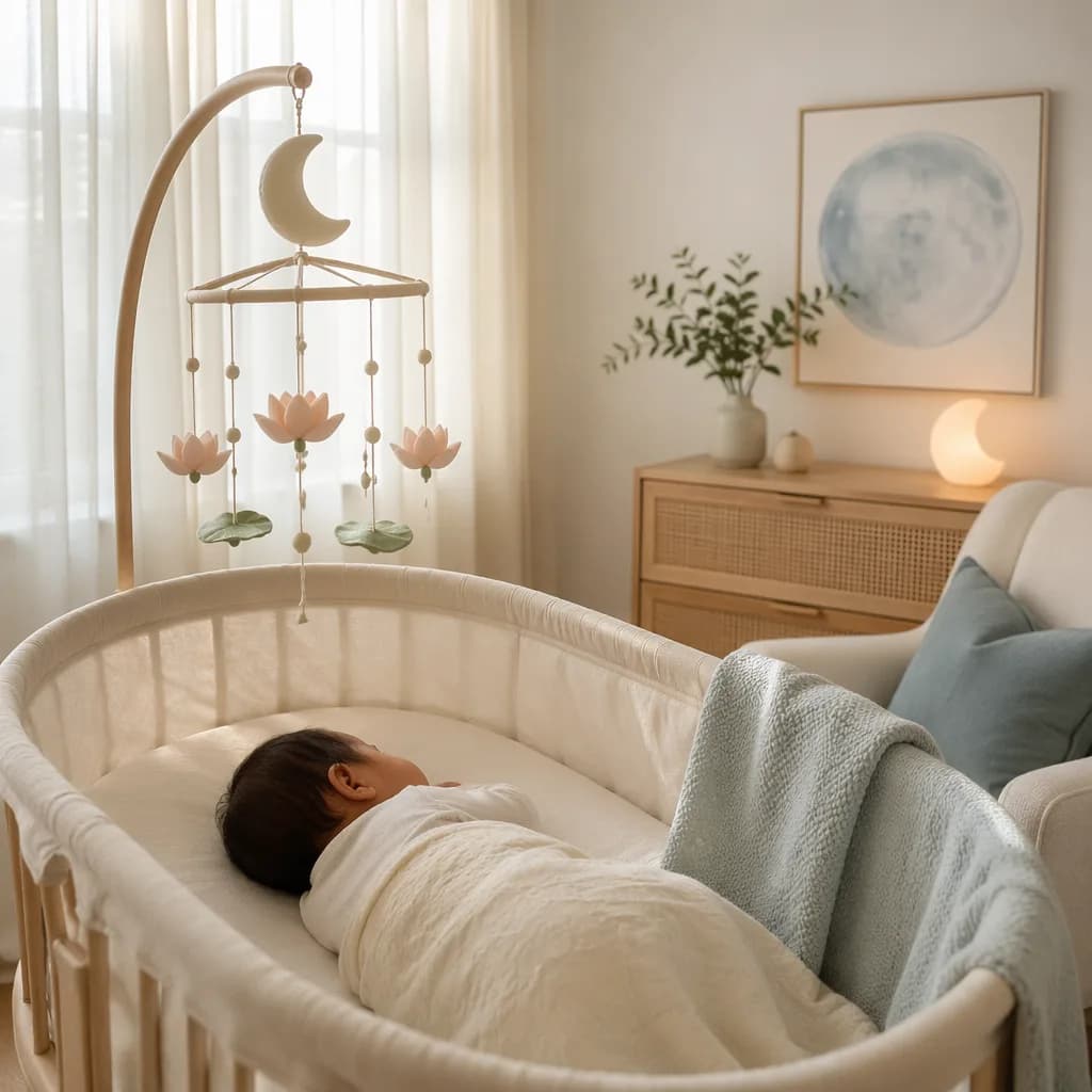Peaceful Tamil-inspired nursery with a sleeping baby, moon decor, and lotus accents.
