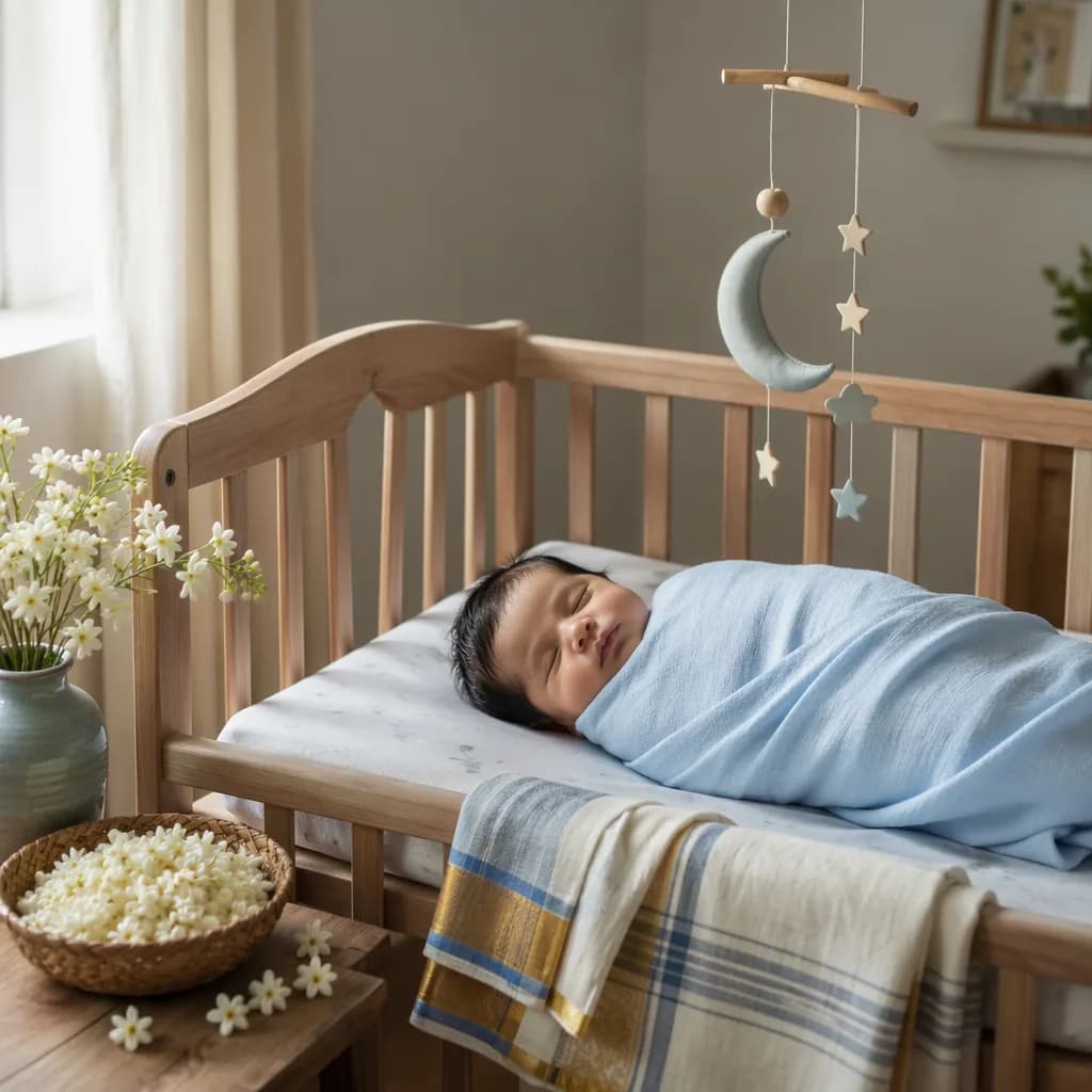 Sleeping baby in a soft blue Tamil-inspired nursery with a moon mobile.