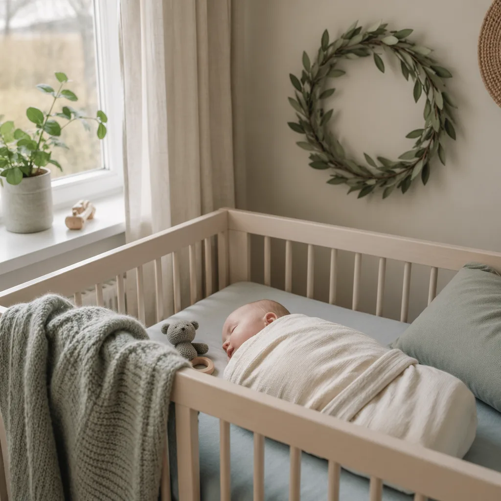 A softly lit Scandinavian nursery with a swaddled sleeping baby, wooden toys, and a small laurel wreath.