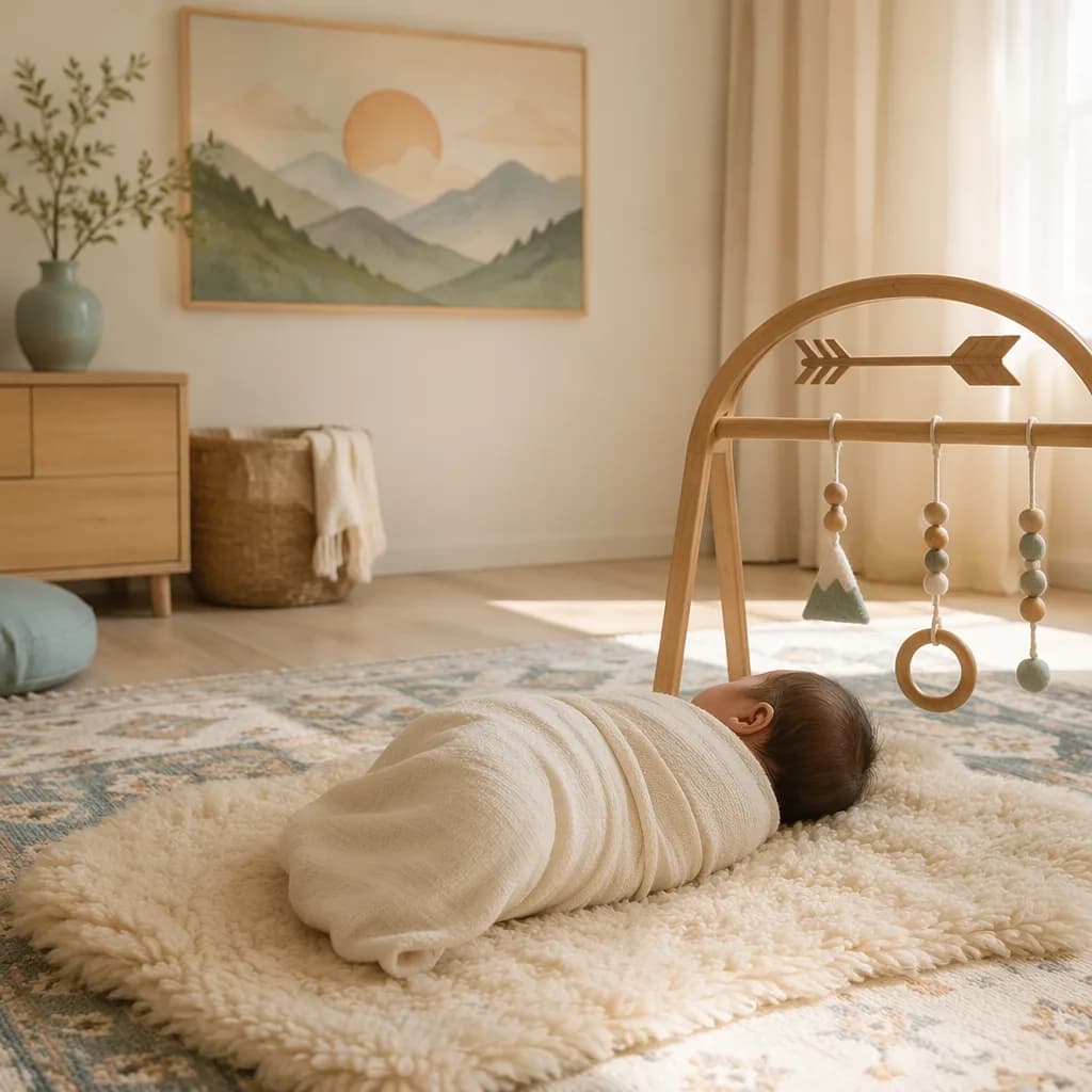 Cozy Persian-inspired nursery with a swaddled newborn and soft mountain sunrise decor.