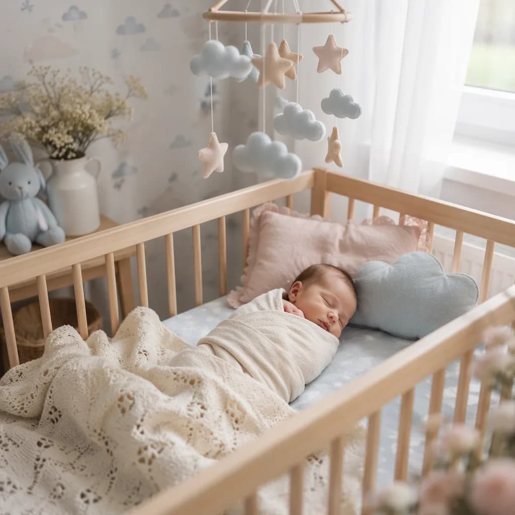 A peaceful swaddled newborn in a pastel nursery with clouds and stars.