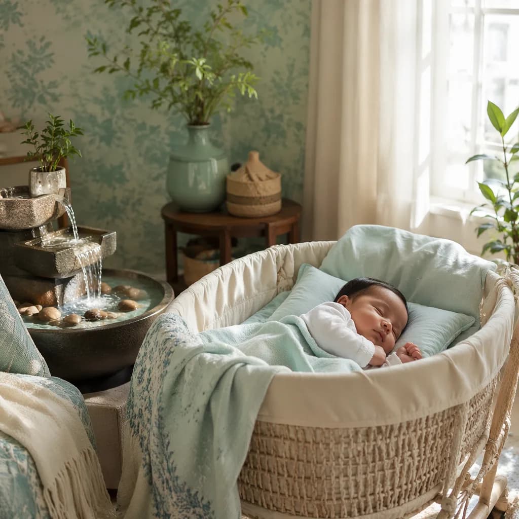 A serene pastel nursery with a sleeping baby and gentle water-inspired decor.