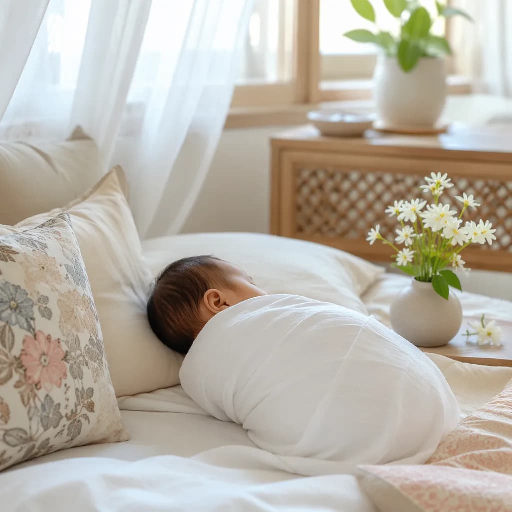 Peaceful Indonesian nursery with a swaddled newborn and white jasmine in soft morning light.