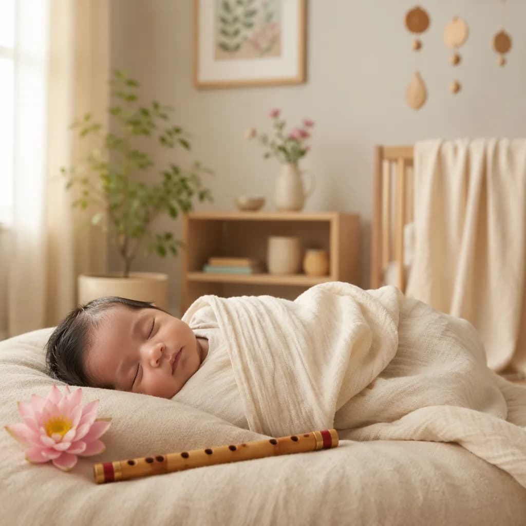 Peaceful swaddled newborn in a soft pastel nursery with subtle lotus and flute details.