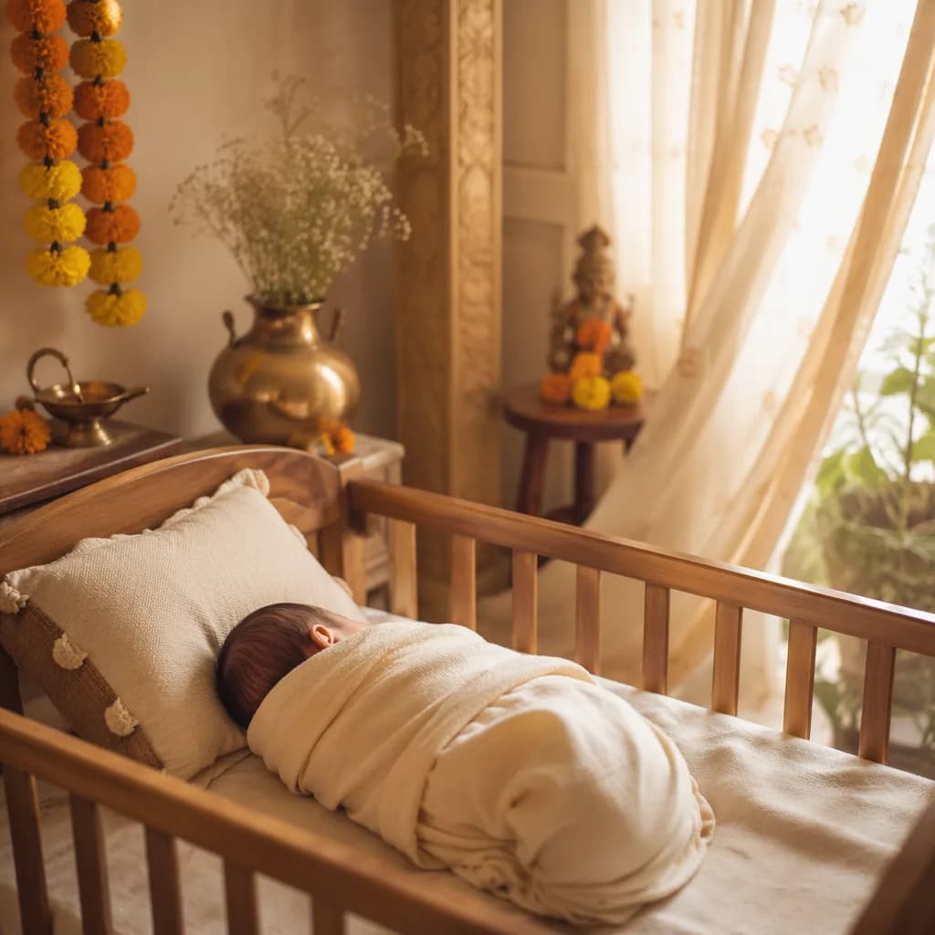 Serene Indian-inspired nursery with a swaddled sleeping baby in soft natural light