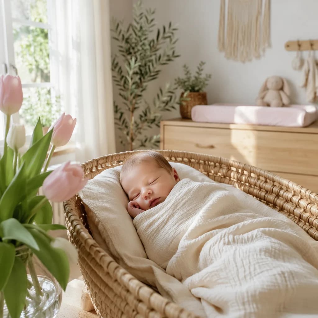 A peaceful newborn in a pastel spring nursery with tulips and gentle morning light.