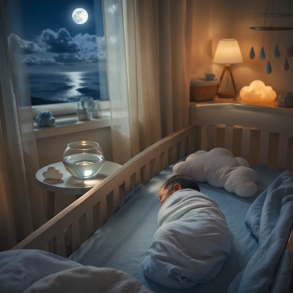 Sleeping swaddled baby in a soft moonlit nursery with gentle water and night-inspired details.