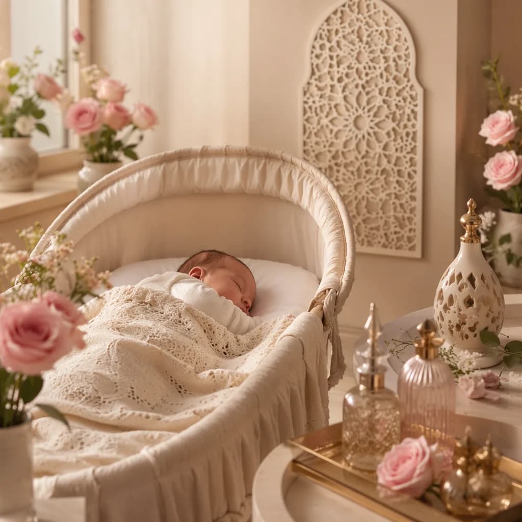 Peaceful Arabic-inspired nursery with a sleeping baby, pastel roses, and soft natural light.