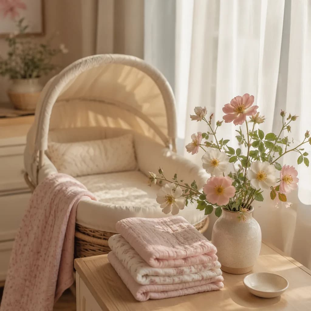 Soft nursery still-life with blush wild roses and a cozy bassinet.