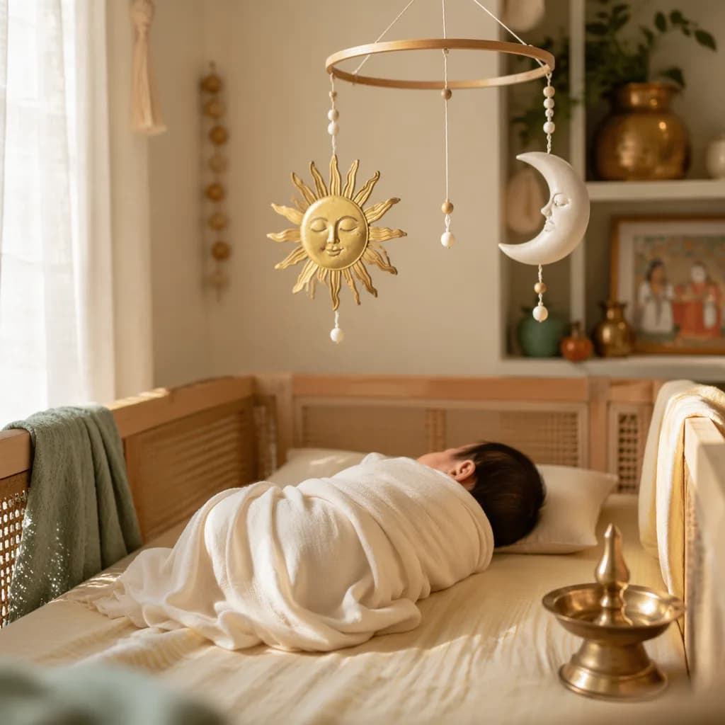 A peaceful Tamil-inspired nursery with a swaddled newborn and soft sun and moon decor.