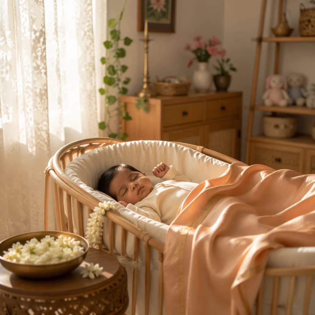 Peaceful Tamil-inspired nursery with a sleeping baby, jasmine flowers, and soft morning light.
