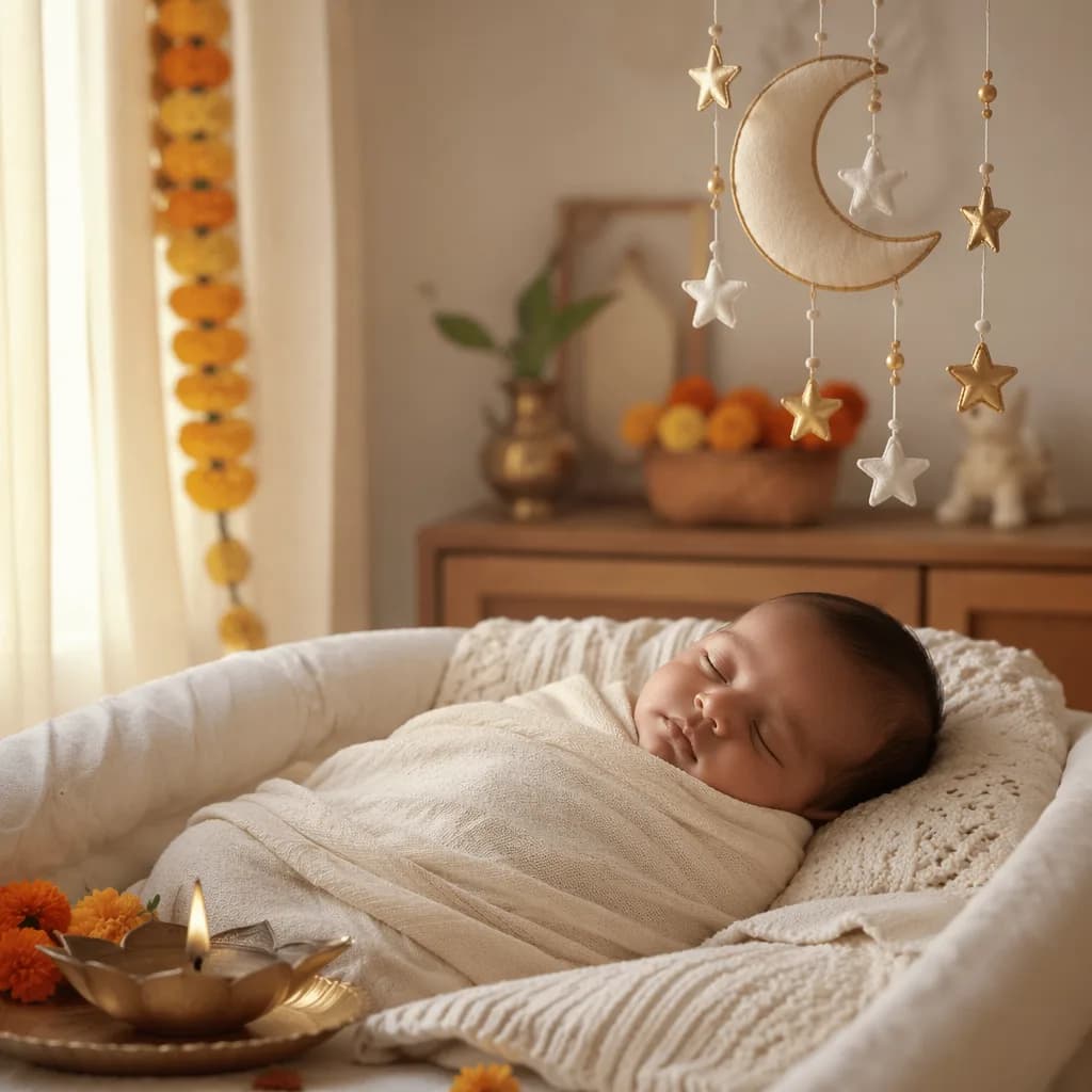 Sleeping baby in a soft pastel nursery with subtle Indian-inspired decor.