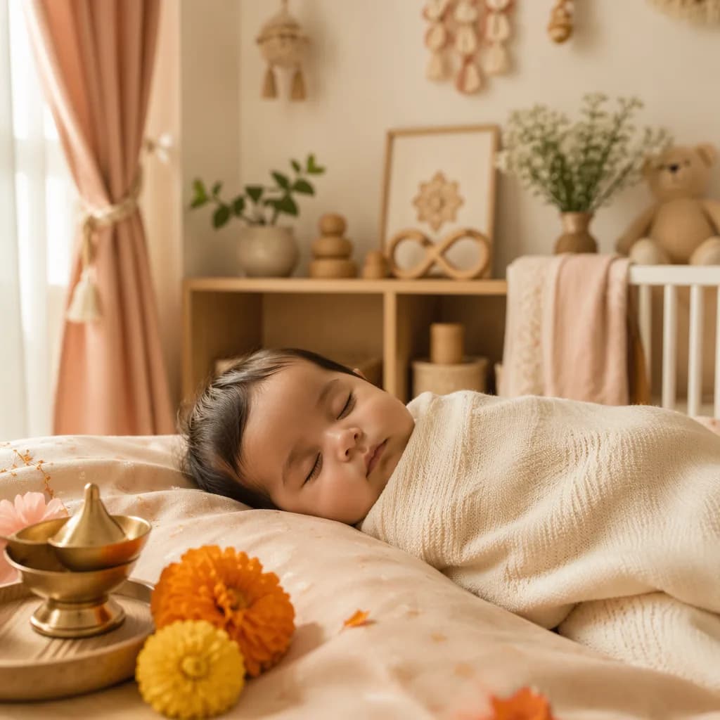 Soft pastel nursery scene with a swaddled baby and gentle Indian-inspired decor symbolizing eternal beauty.