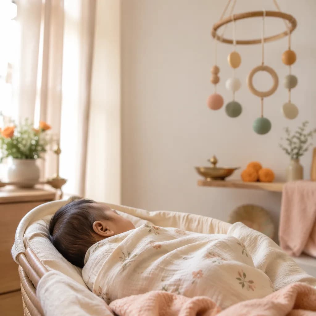 A softly lit nursery with a swaddled baby and gentle Indian-inspired decor.
