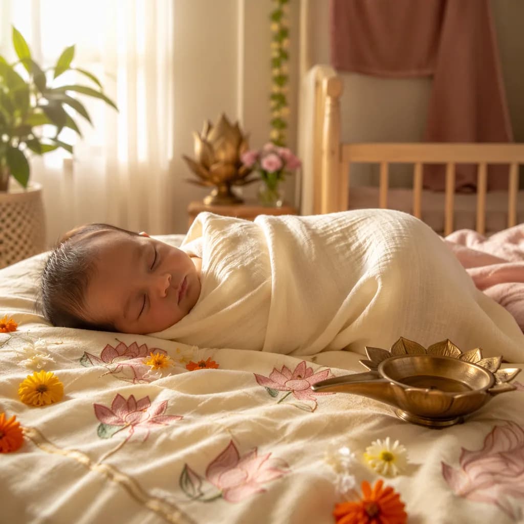 Sleeping baby in a soft pastel nursery with gentle Indian-inspired details.