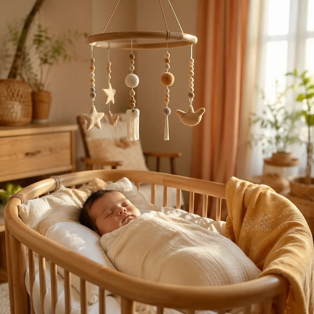 A softly lit pastel nursery with a swaddled sleeping baby and gentle Indian-inspired decor.