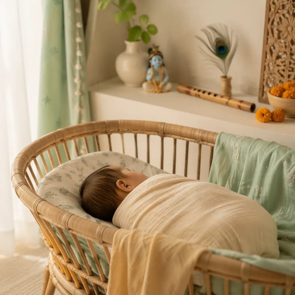 A softly lit Indian-inspired nursery with a swaddled sleeping baby and gentle peacock feather and flute details.