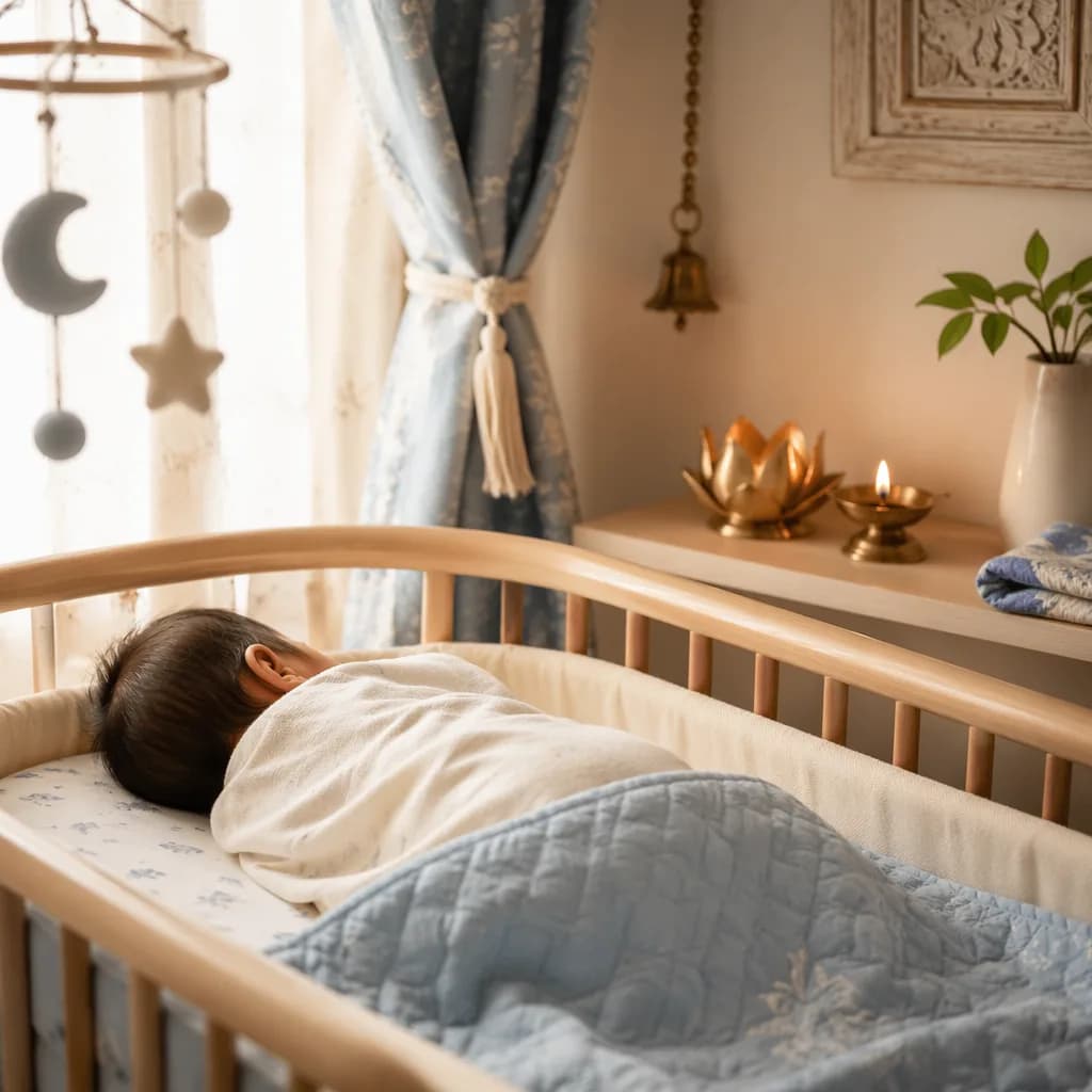 Peaceful baby sleeping in a softly lit nursery with subtle Indian-inspired decor.