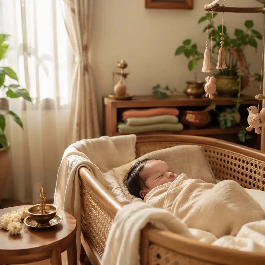 Peaceful newborn in a soft pastel nursery with gentle Indian-inspired decor.