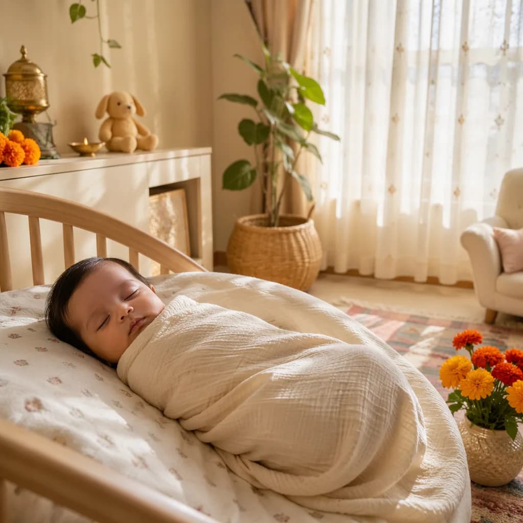 A peaceful baby in a soft pastel nursery with warm morning light and subtle Indian-inspired decor.