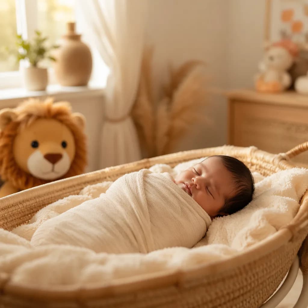 Sleeping newborn in a soft pastel nursery with warm golden light and a plush lion.