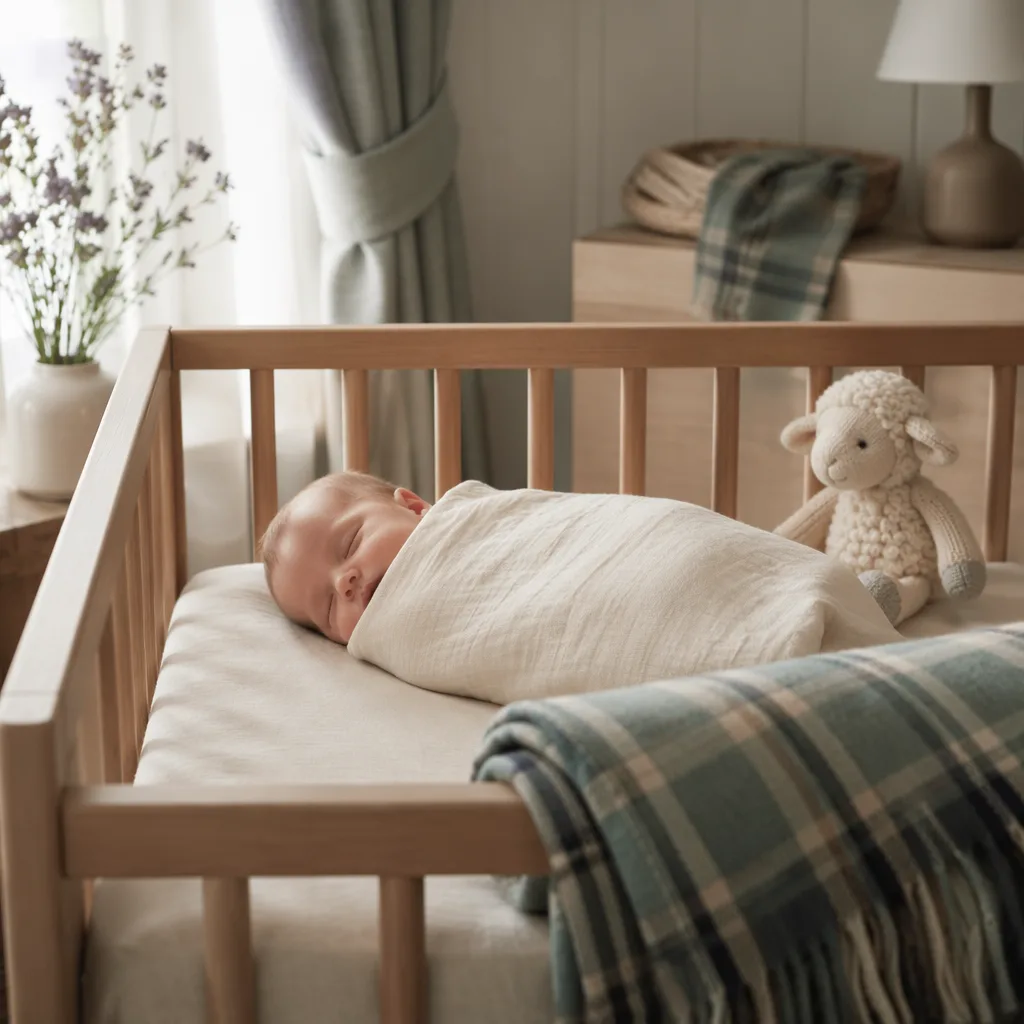 A softly lit Scottish-inspired nursery with a sleeping swaddled baby, tartan blanket, and heather accents.
