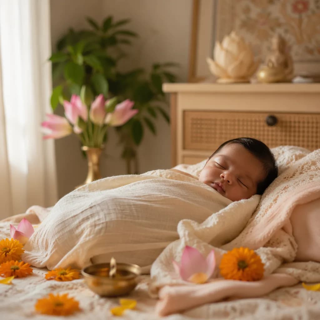 Sleeping swaddled baby in a soft pastel nursery with lotus and marigold accents.