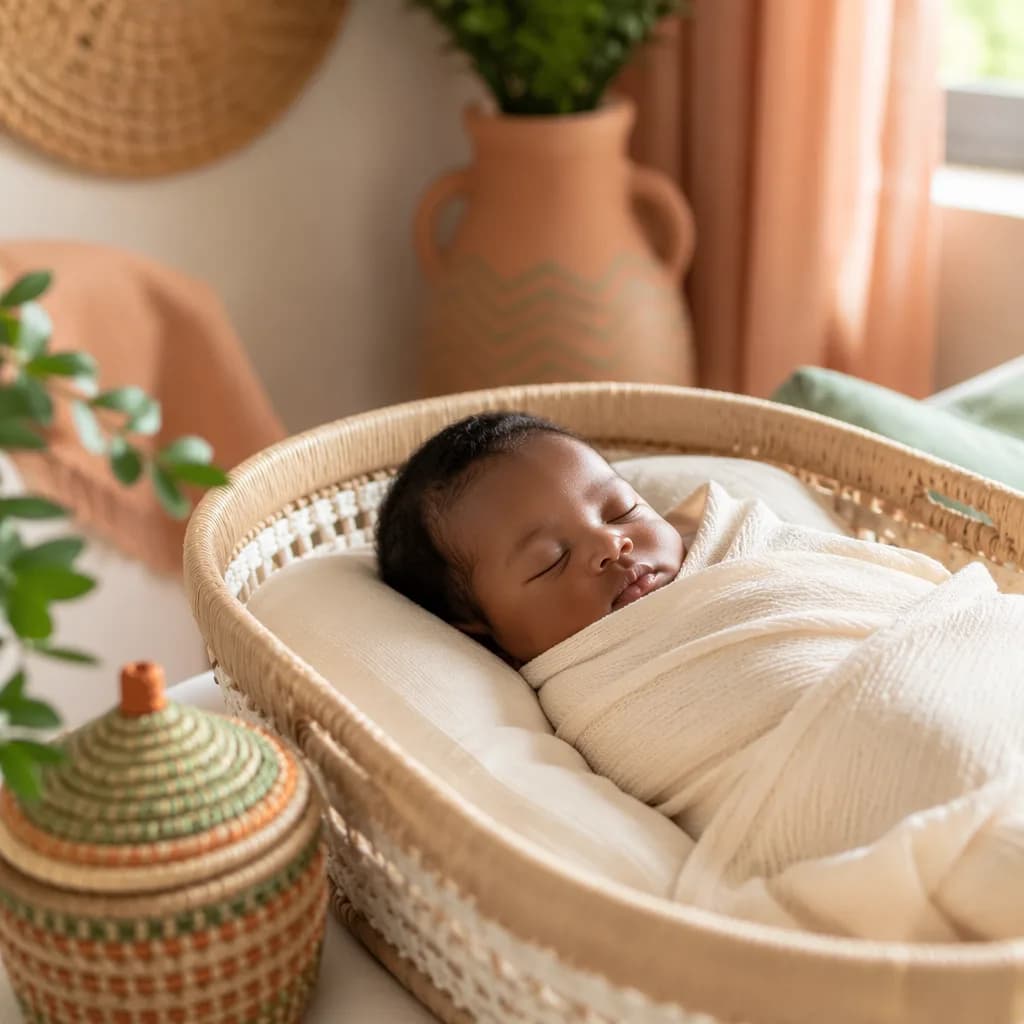 Peaceful swaddled newborn in a warm pastel nursery with subtle Igbo-inspired woven accents