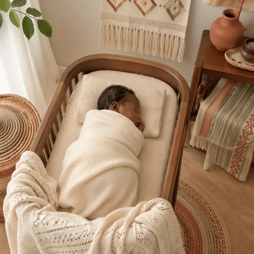 Sleeping baby in a cozy nursery with soft Igbo-inspired textiles and warm natural light.