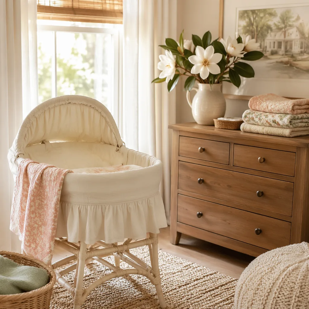 Soft pastel nursery with a bassinet and white magnolia flowers in warm natural light.