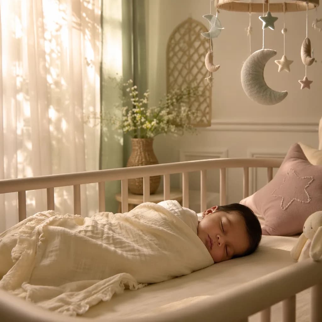 Sleeping newborn in a softly lit pastel nursery with moon and star accents