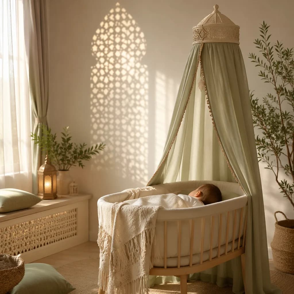 A peaceful pastel nursery with a baby in a bassinet and warm lantern-like light.