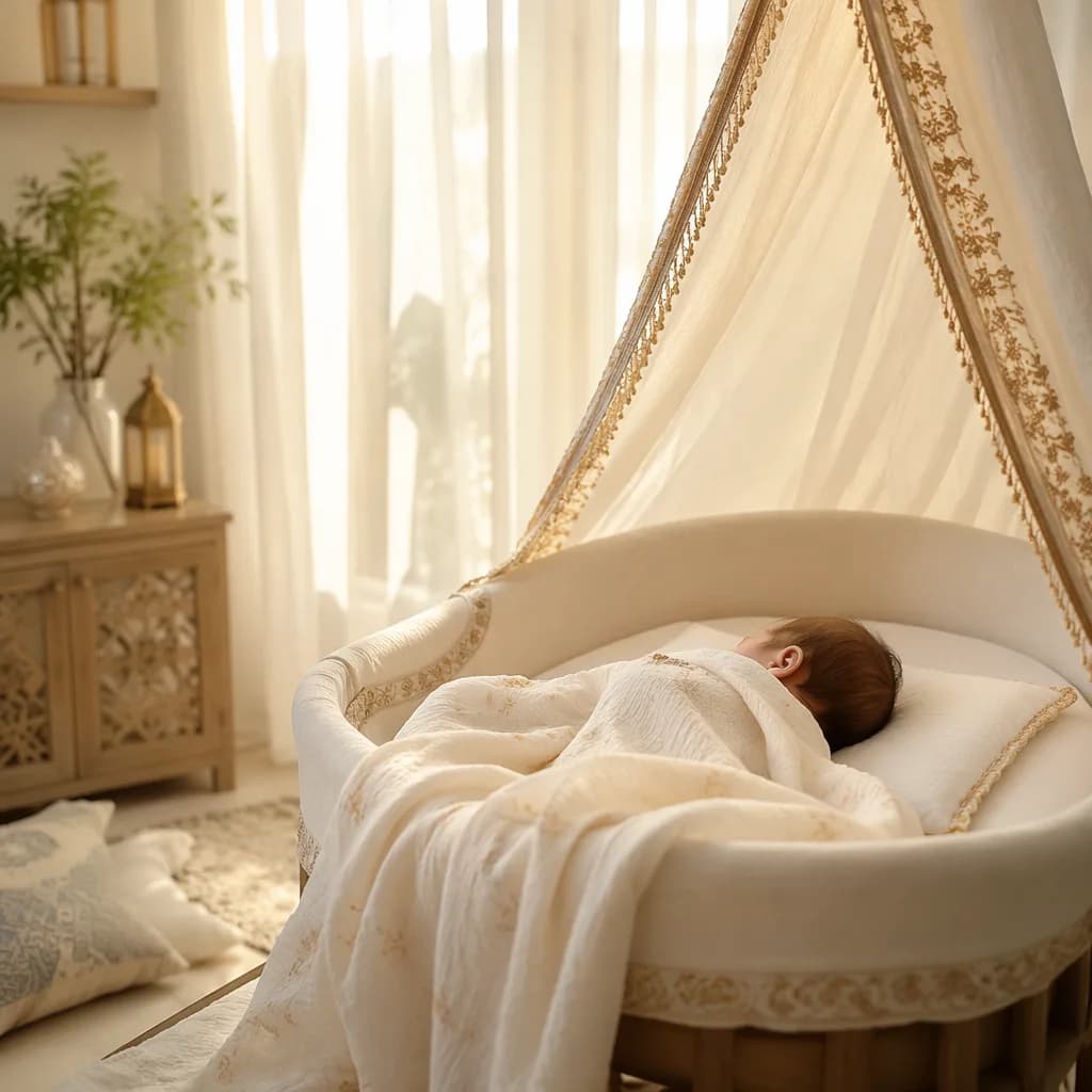 A softly lit cozy nursery with a sleeping newborn in a cream bassinet.