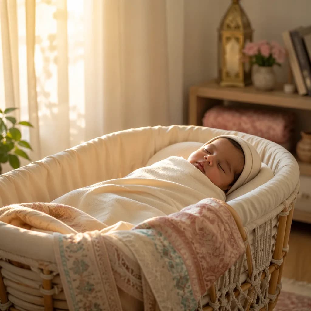 A peaceful swaddled newborn in a softly lit pastel nursery with subtle South Asian decor.