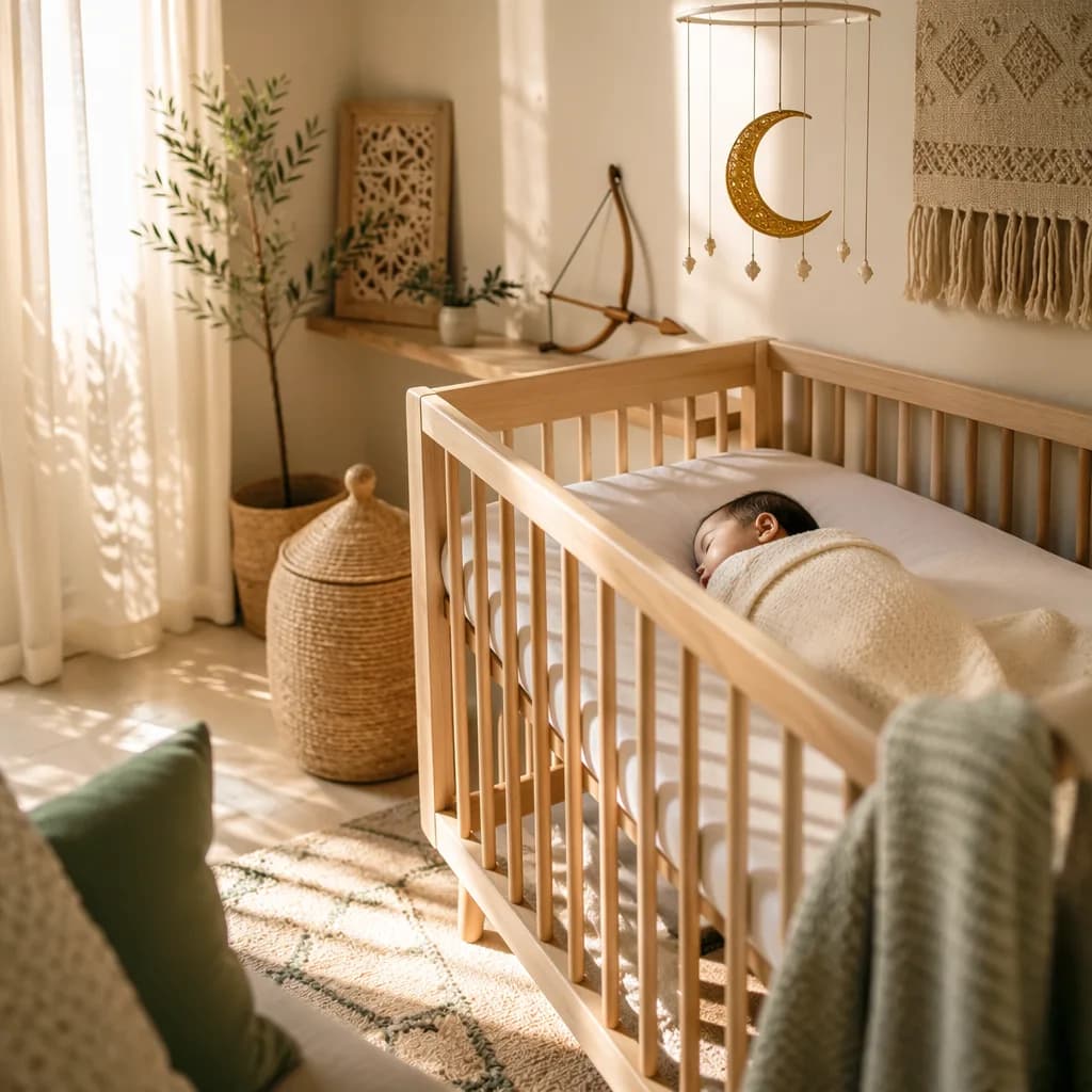 Peaceful Arabic-inspired nursery with a swaddled baby in soft golden light.