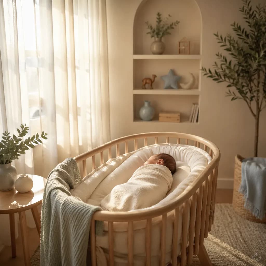 A softly lit cozy nursery with a swaddled sleeping baby in a wooden bassinet.