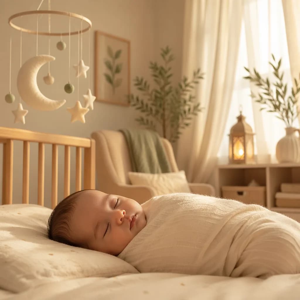 Sleeping swaddled baby in a softly lit Arabic-inspired nursery with a crescent mobile and warm lantern.