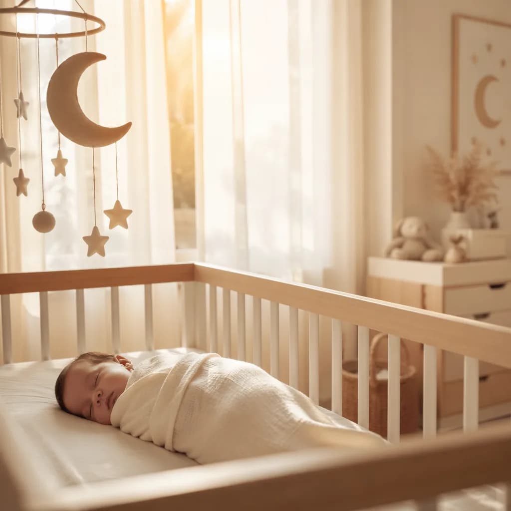 A cozy sunlit nursery with a swaddled sleeping baby and soft crescent moon decor.