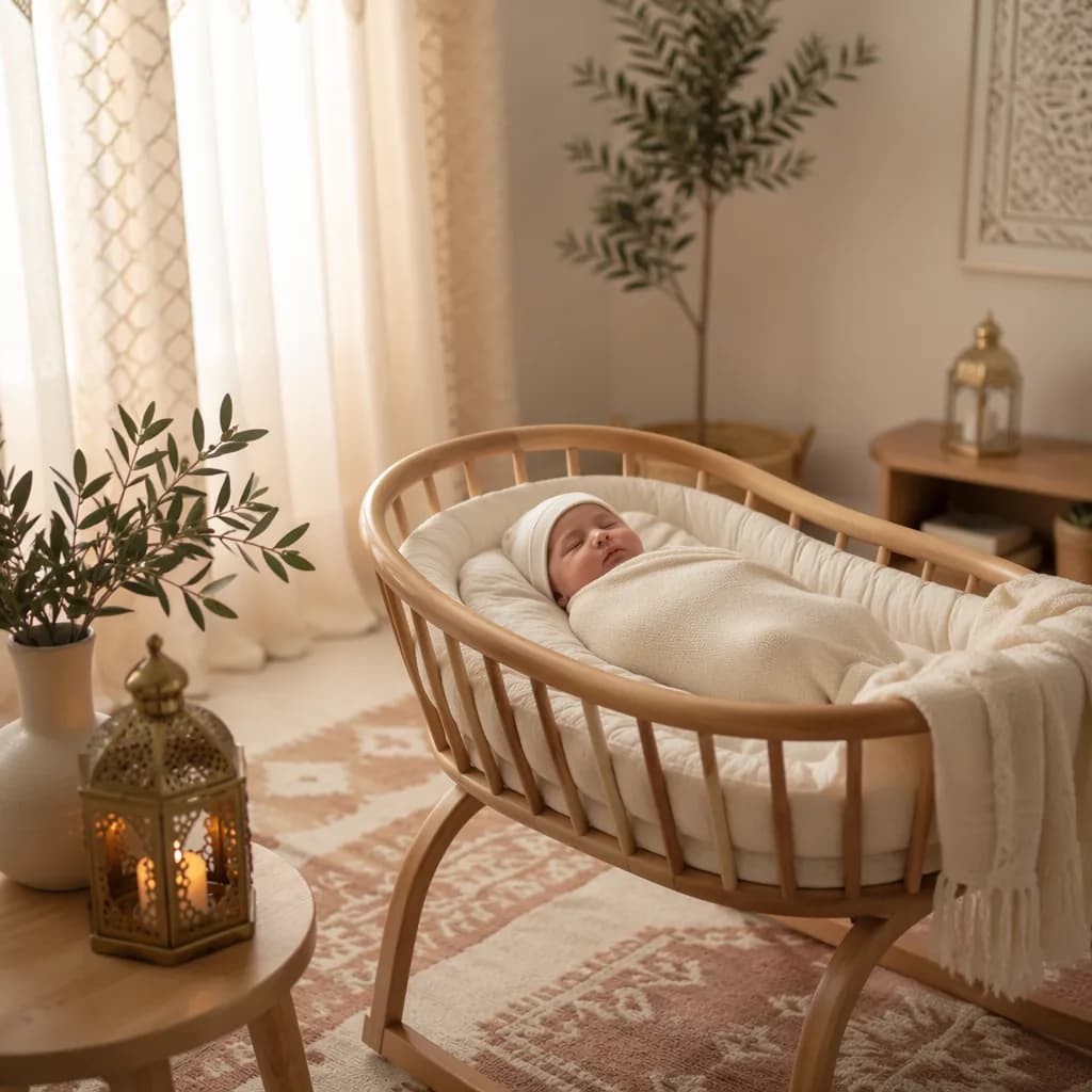 Soft pastel nursery with a swaddled sleeping baby, gentle light, and Arabic-inspired decor.