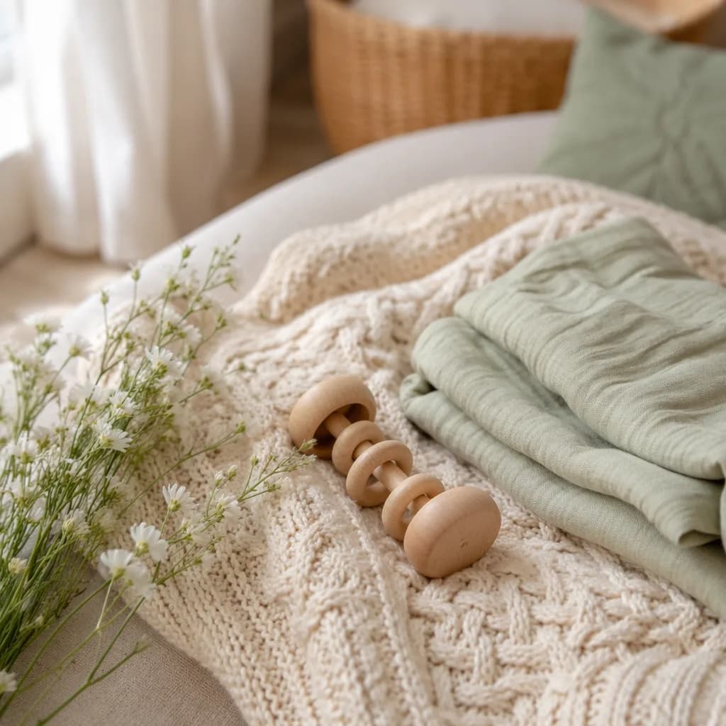 Cozy Irish-inspired nursery still-life with soft blanket, wildflowers, and baby rattle.