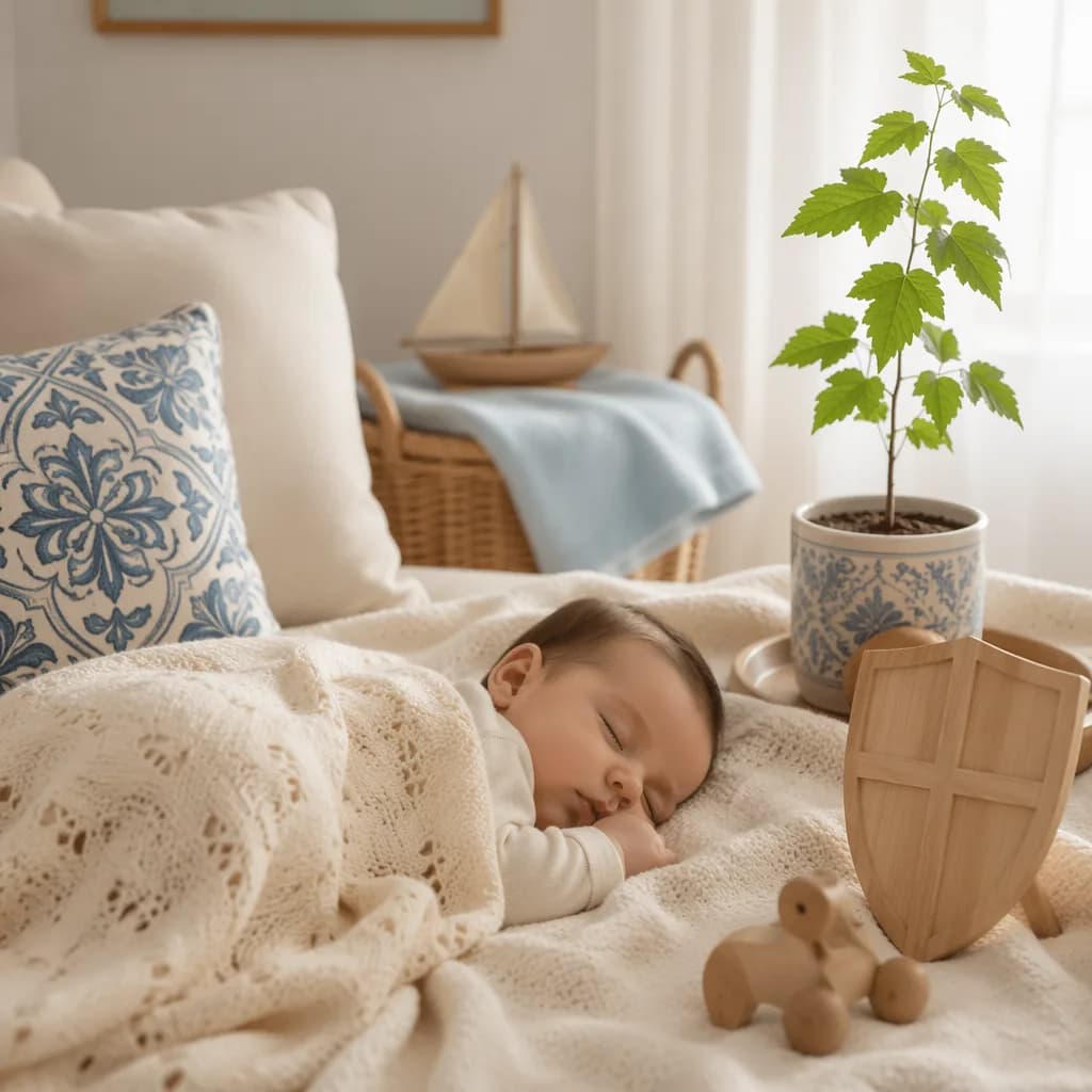 A softly lit Portuguese-inspired nursery with a sleeping baby, wooden toy shield, and small mulberry sapling.