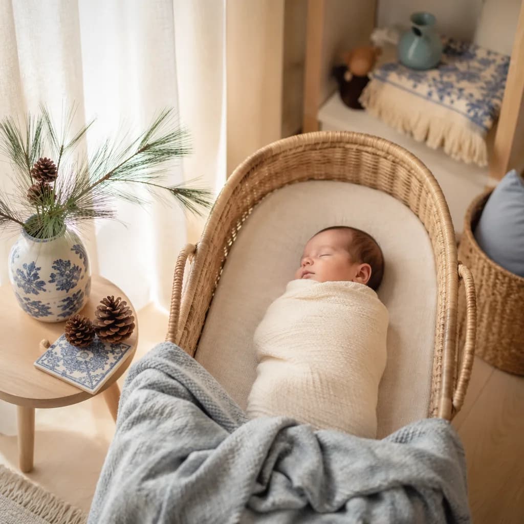 Soft pastel Portuguese nursery with a swaddled baby and pine-inspired decor.