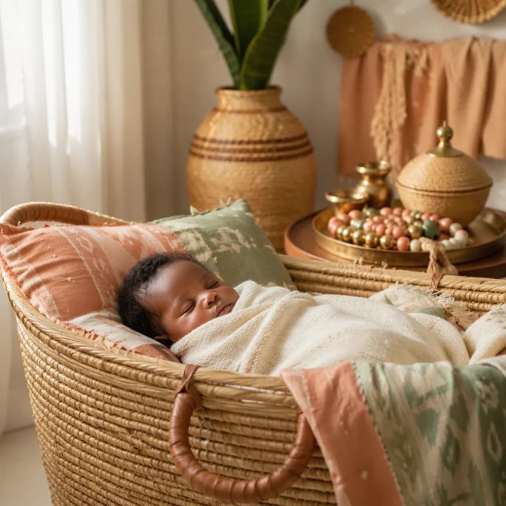 Sleeping newborn in a soft pastel nursery with warm Igbo-inspired woven textures.