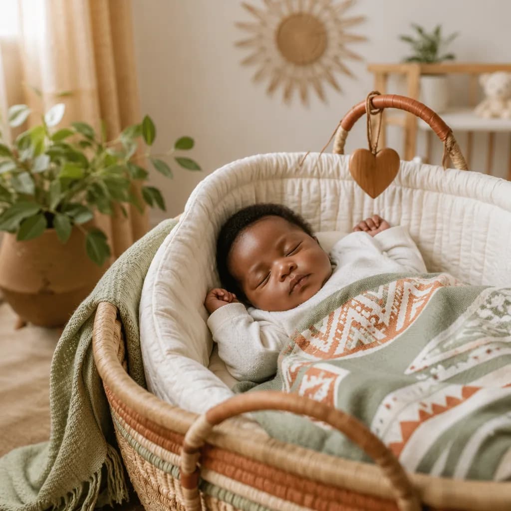 Peaceful Igbo baby in a softly lit cozy nursery with woven details.
