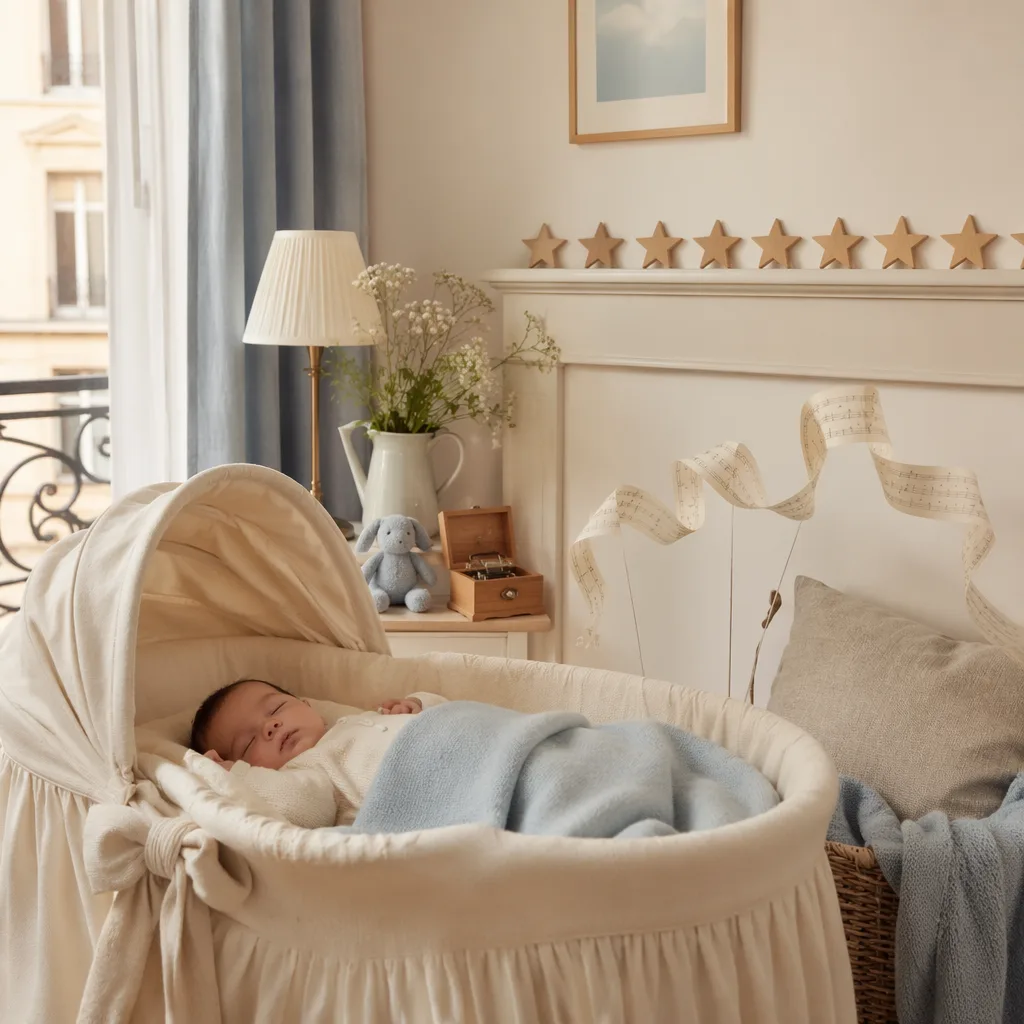 A cozy pastel nursery with a sleeping baby, wooden music box, and eight star ornaments.